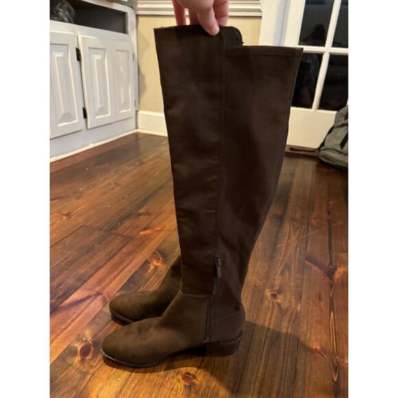 NWT Calvin Klein Womens Suede Over the Knee Boots Low Heel Brown Zip Stretch 8 - Picture 5 of 6